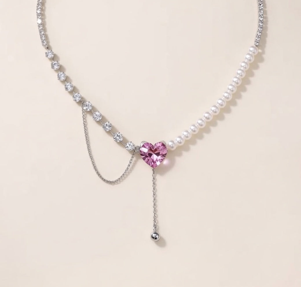 Pink Heart Pearl Necklace