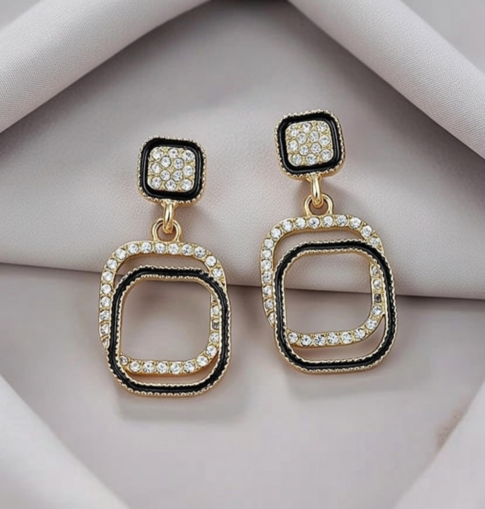 Black Bling Square Cross Over Earrings