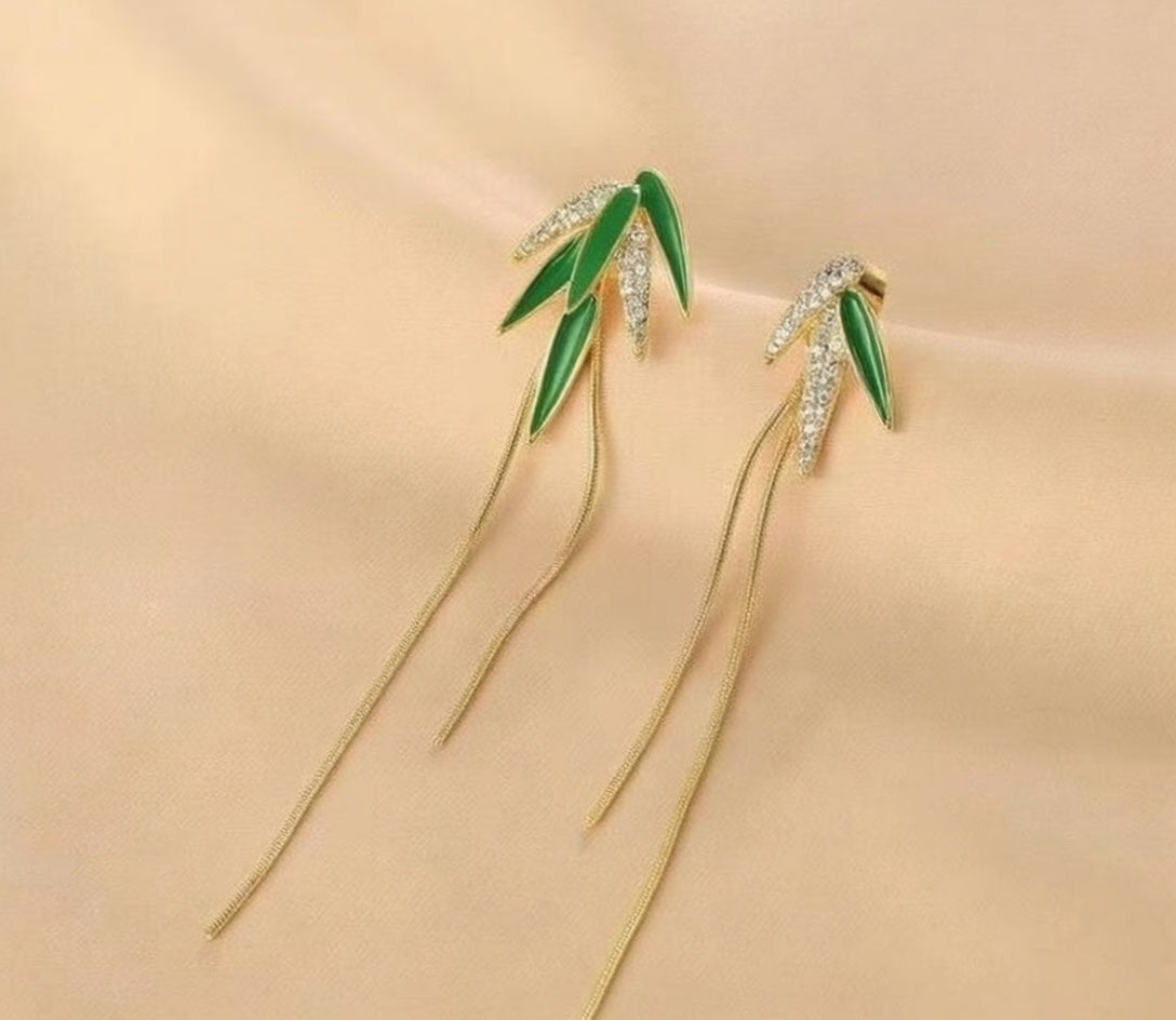 Palm Leaf Long Tassel Earrings