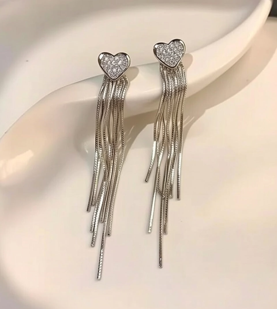 Heart Long Silver Tassel Earrings