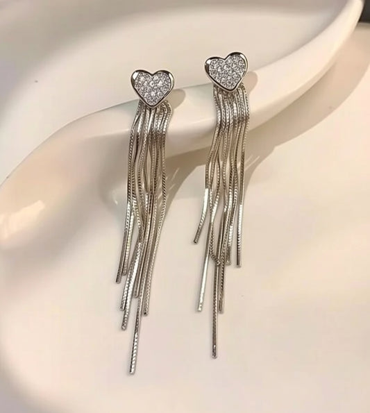Heart Long Silver Tassel Earrings
