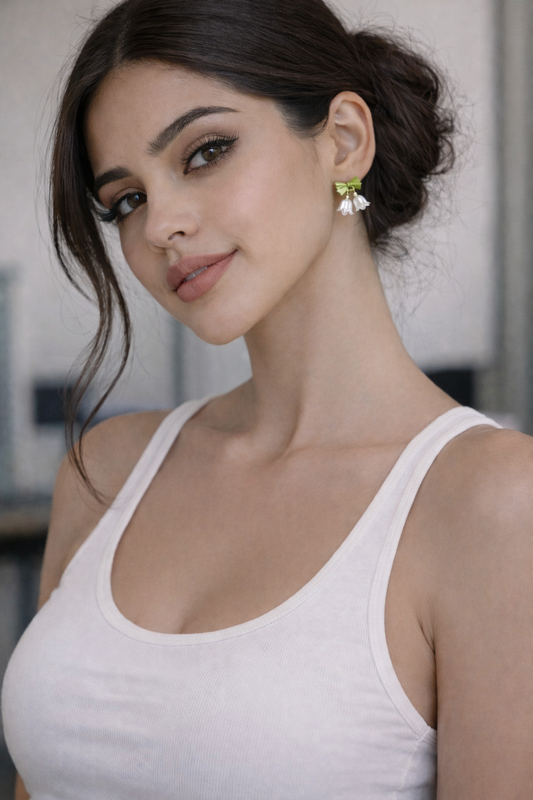 Green Bow White Tulip Earrings