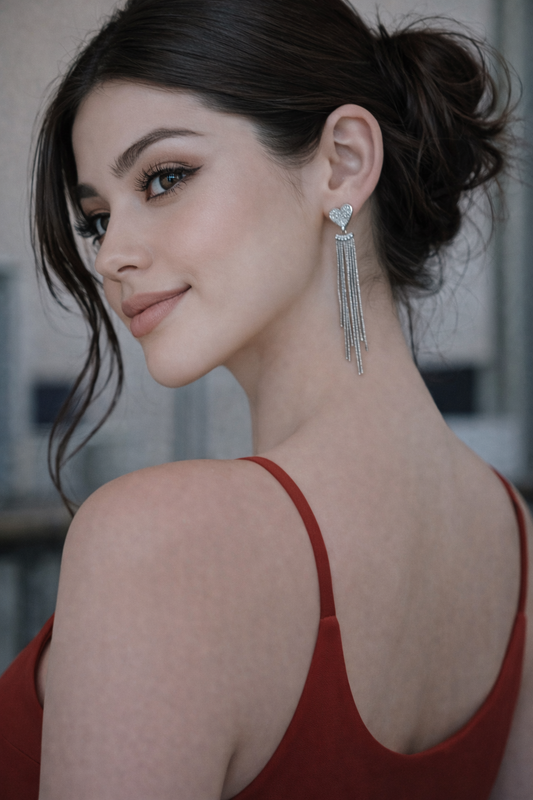 Heart Long Silver Tassel Earrings