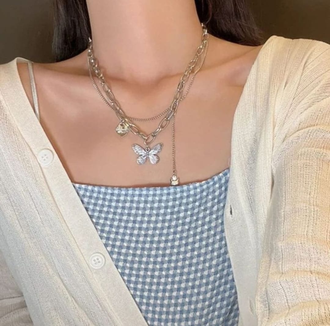Multi-Layer Kitty & Butterfly Charm Necklace